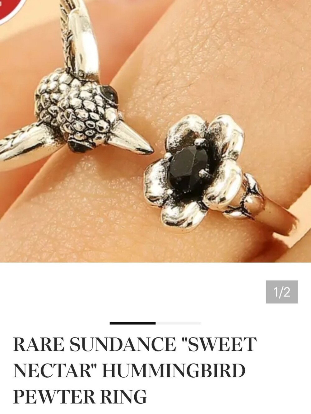 Sundance Silver-Tone Hummingbird and Flower Ring with Black Stone
